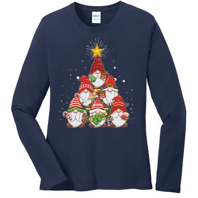 Funny Christmas Gnome Tree Ladies Long Sleeve Shirt