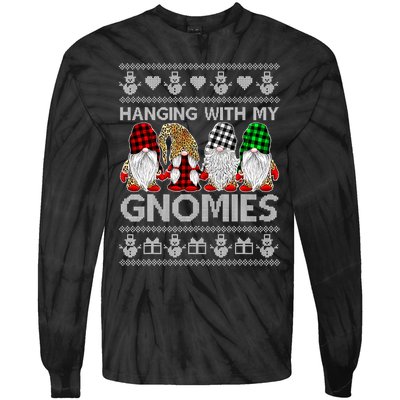 Funny Christmas Gnome Hanging With My Gnomies Family Pajamas Tie-Dye Long Sleeve Shirt