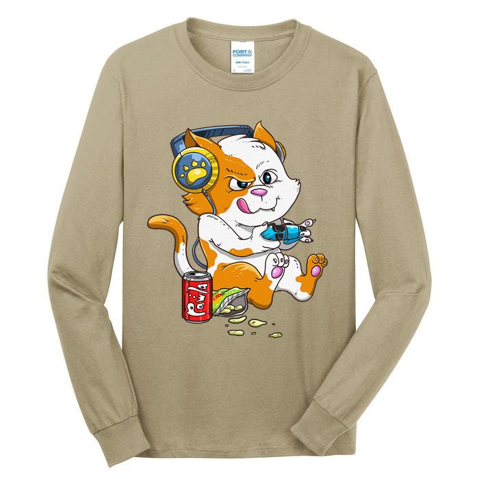 Funny Cat Gaming Cat Lover Kawaii Video Games Funny Gamer Tall Long Sleeve T-Shirt