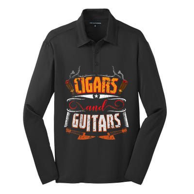 Funny Cigar Guitar Design Cigar Lover Smoking Gift Silk Touch Performance Long Sleeve Polo