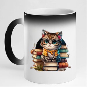 Funny Cat Gift For Kitten Lovers Cute Cat Librarian Book 11oz Black Color Changing Mug