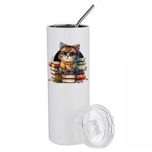 Funny Cat Gift For Kitten Lovers Cute Cat Librarian Book Stainless Steel Tumbler