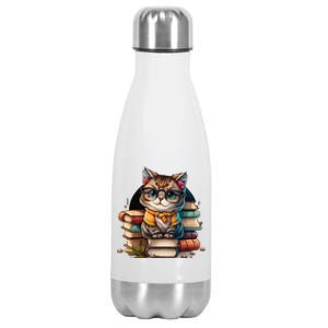 Funny Cat Gift For Kitten Lovers Cute Cat Librarian Book Stainless Steel Insulated Water Bottle