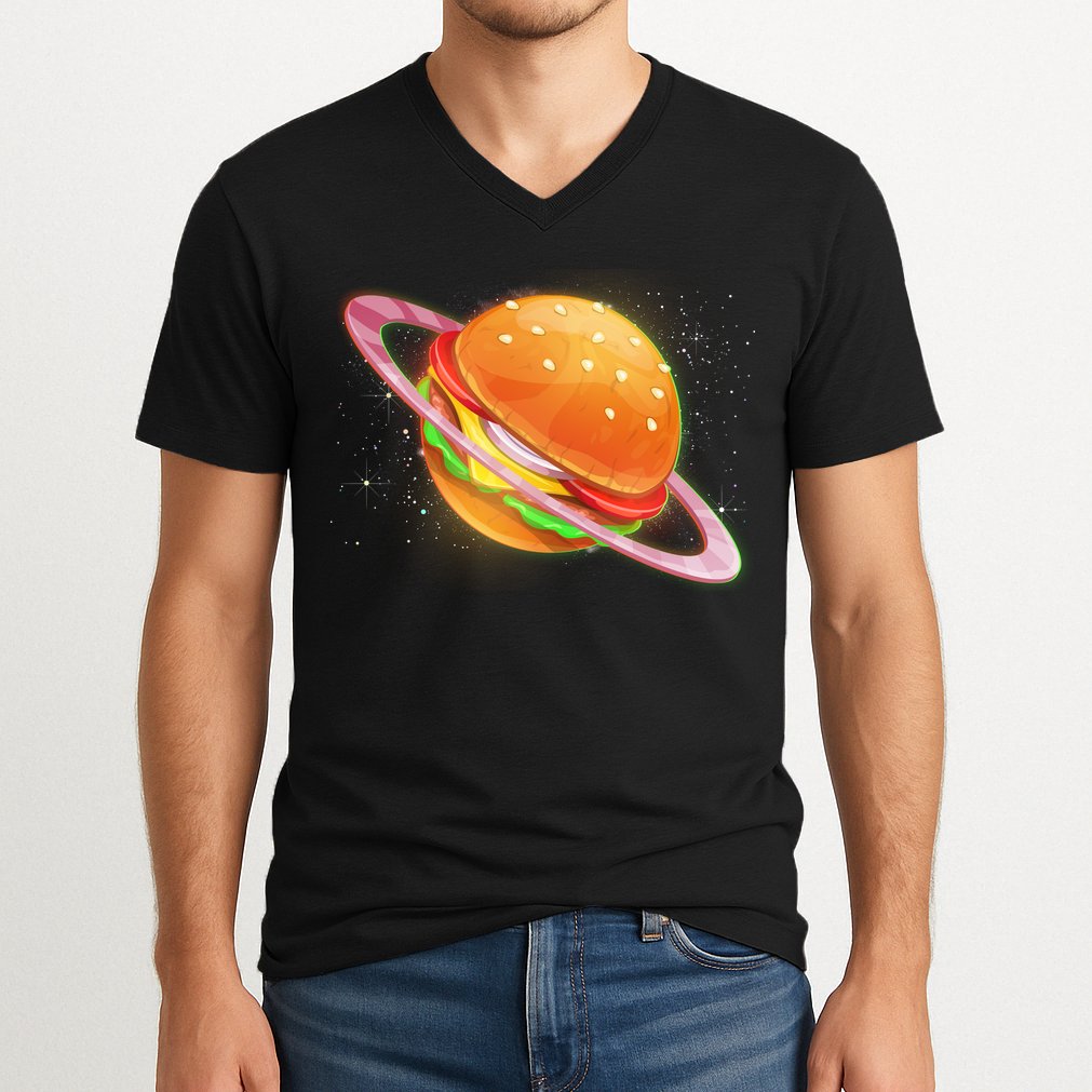 Funny Cosmic Galaxy Burger Planet V-Neck T-Shirt
