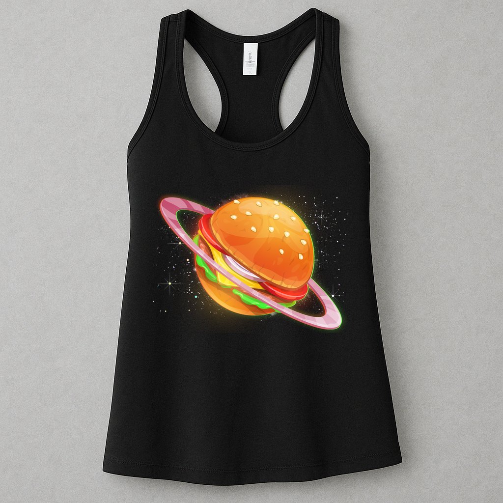 Funny Cosmic Galaxy Burger Planet Womens Tank Top