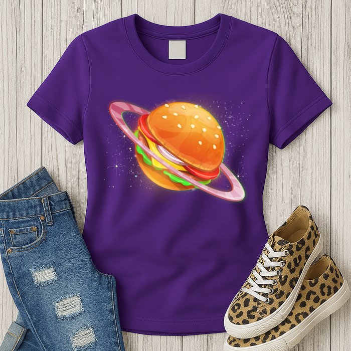 Funny Cosmic Galaxy Burger Planet Womens T-Shirt