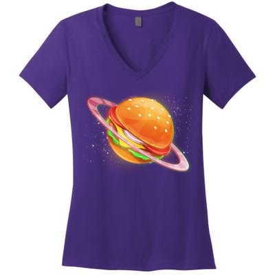Funny Cosmic Galaxy Burger Planet Women's V-Neck T-Shirt