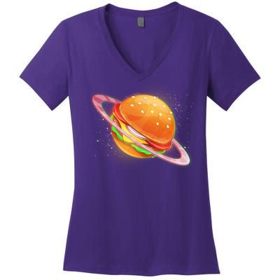 Funny Cosmic Galaxy Burger Planet Women's V-Neck T-Shirt