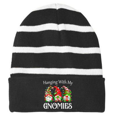 Funny Christmas Gnome Hanging With My Gnomies Family Pajamas Striped Beanie with Solid Band