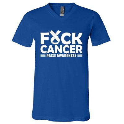 Fuck Cancer Gift White Ribbon Lung Cancer Awareness V-Neck T-Shirt