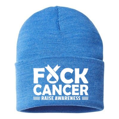 Fuck Cancer Gift White Ribbon Lung Cancer Awareness Sustainable Knit Beanie