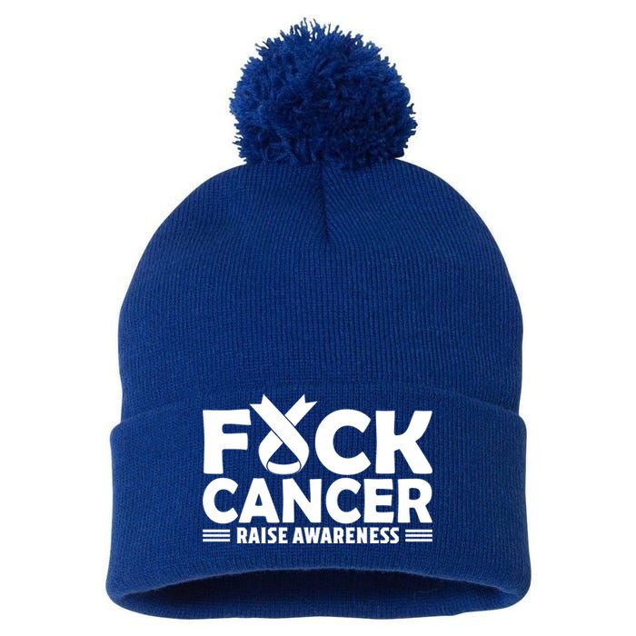 Fuck Cancer Gift White Ribbon Lung Cancer Awareness Pom Pom 12in Knit Beanie