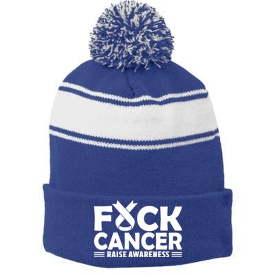 Fuck Cancer Gift White Ribbon Lung Cancer Awareness Stripe Pom Pom Beanie