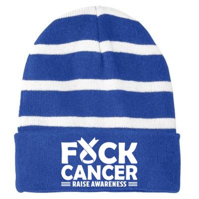 Fuck Cancer Gift White Ribbon Lung Cancer Awareness Striped Beanie with Solid Band