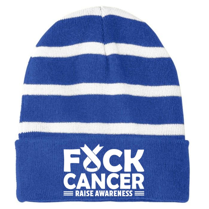 Fuck Cancer Gift White Ribbon Lung Cancer Awareness Striped Beanie with Solid Band