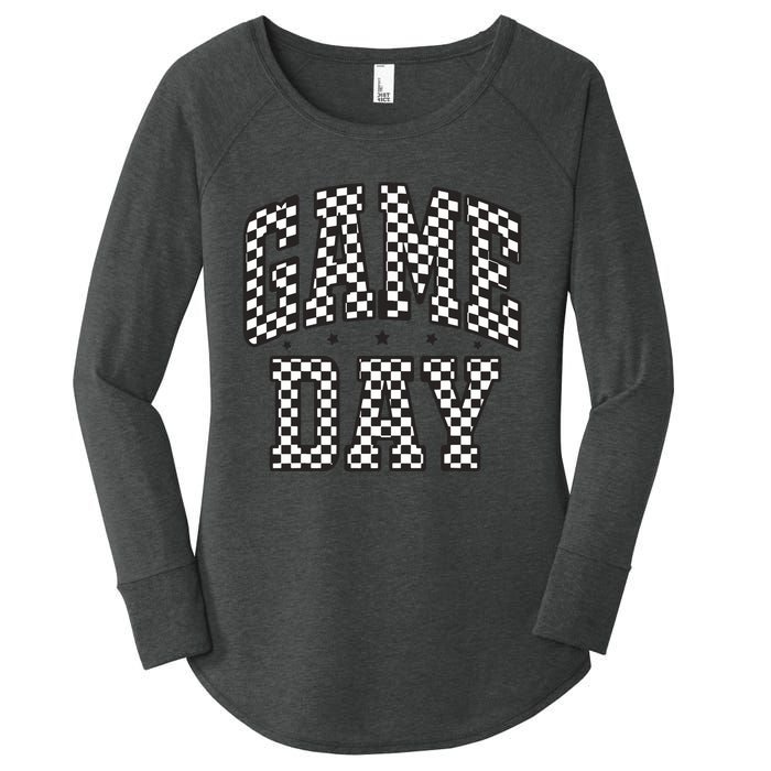 Funny Checkered Game Day Football Black White Gift Women Women's Perfect Tri Tunic Long Sleeve Shirt