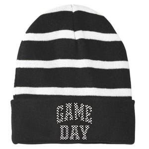 Funny Checkered Game Day Football Black White Gift Women Striped Beanie with Solid Band