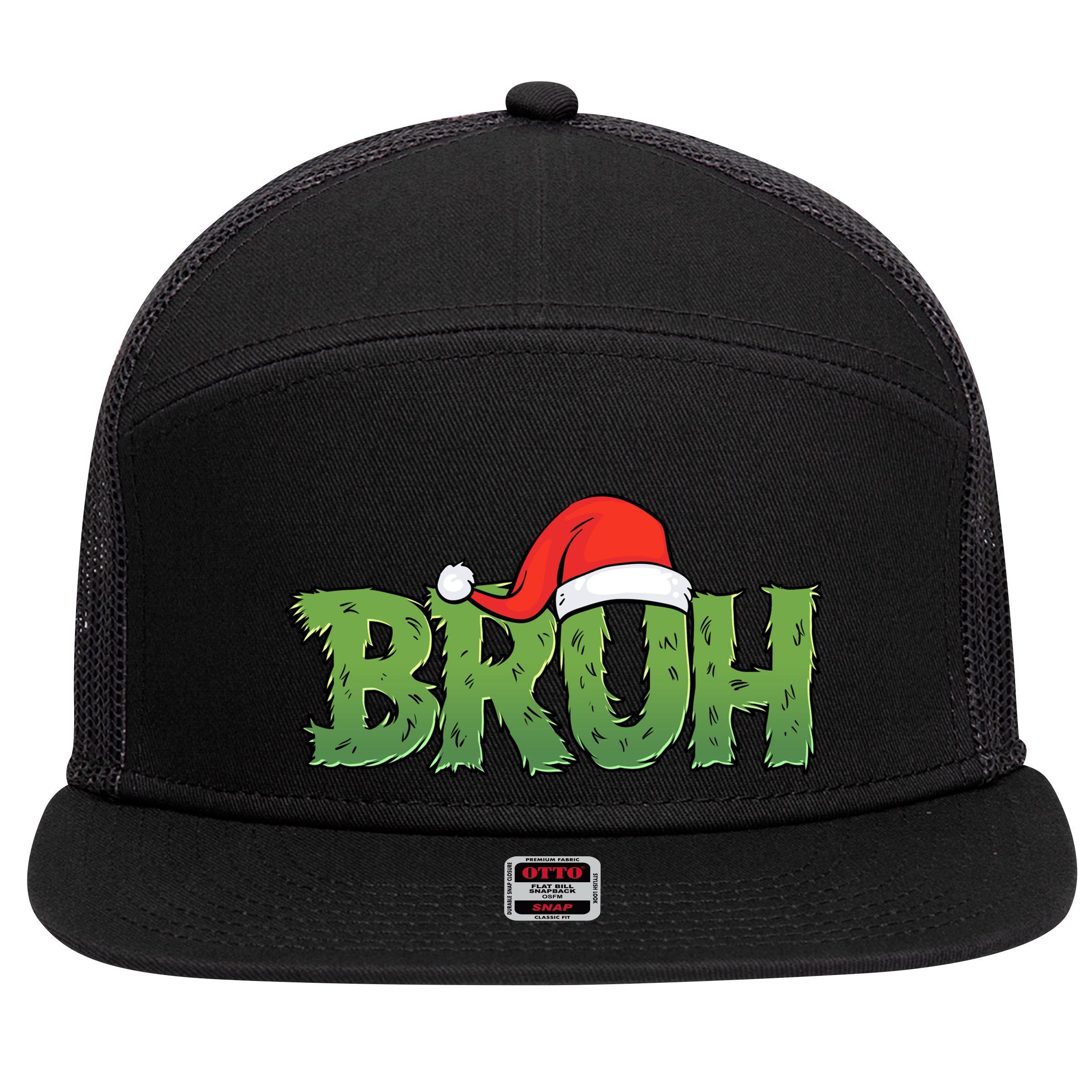 Funny Christmas Grinch Bruh 7 Panel Mesh Trucker Snapback Hat