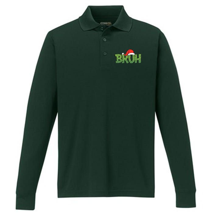 Funny Christmas Grinch Bruh Performance Long Sleeve Polo