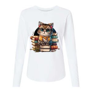 Funny Cat Gift For Kitten Lovers Cute Cat Librarian Book Womens Cotton Relaxed Long Sleeve T-Shirt