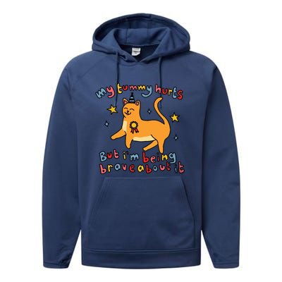 Funny Cat Graphic My Tummy Hurts Brave Cat Performance Fleece Hoodie