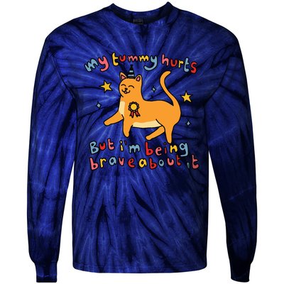 Funny Cat Graphic My Tummy Hurts Brave Cat Tie-Dye Long Sleeve Shirt