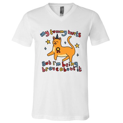 Funny Cat Graphic My Tummy Hurts Brave Cat V-Neck T-Shirt