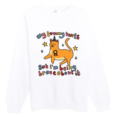 Funny Cat Graphic My Tummy Hurts Brave Cat Premium Crewneck Sweatshirt