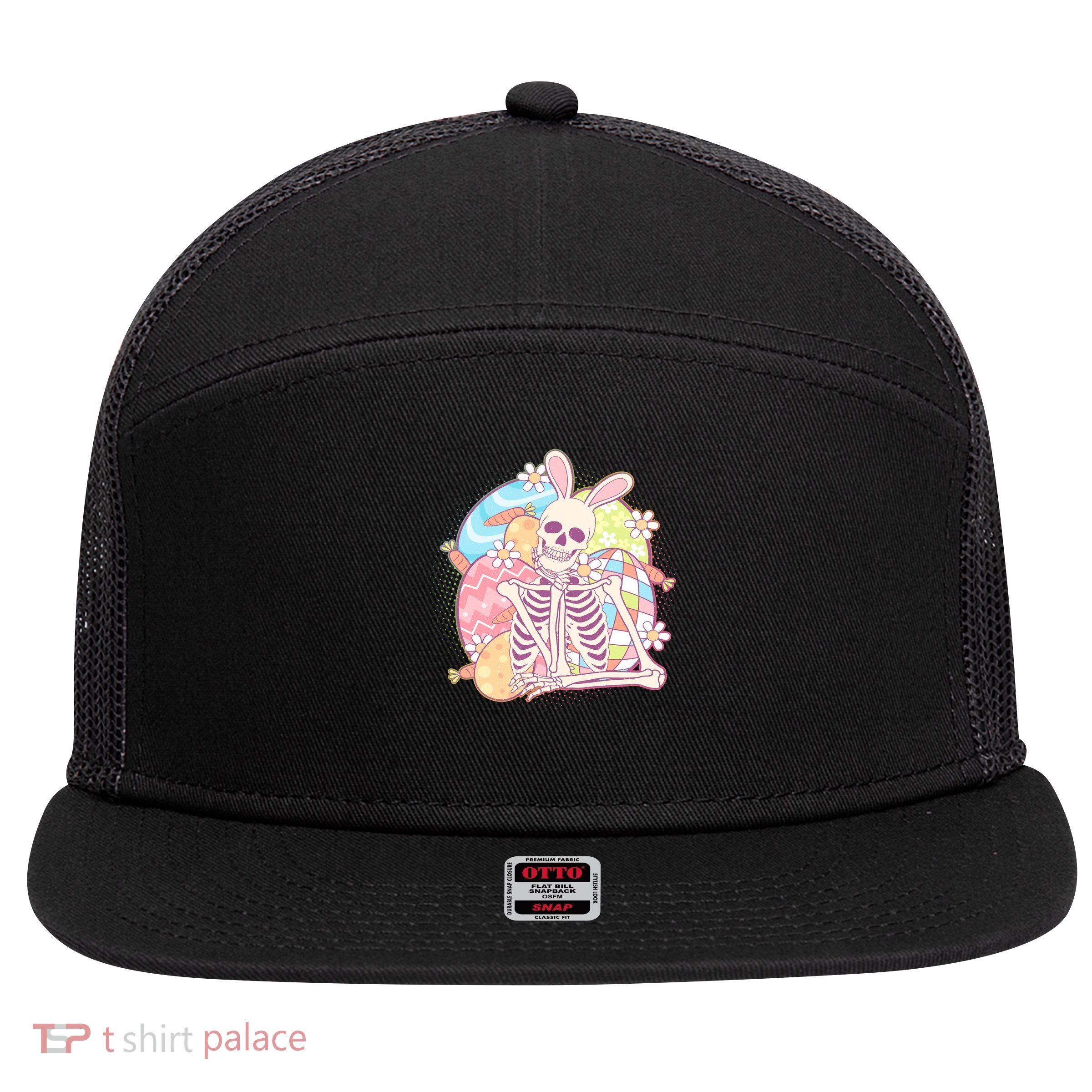 Funny Cute Happy Easter Spooky Skeleton with Bunny Ears 7 Panel Mesh Trucker Snapback Hat