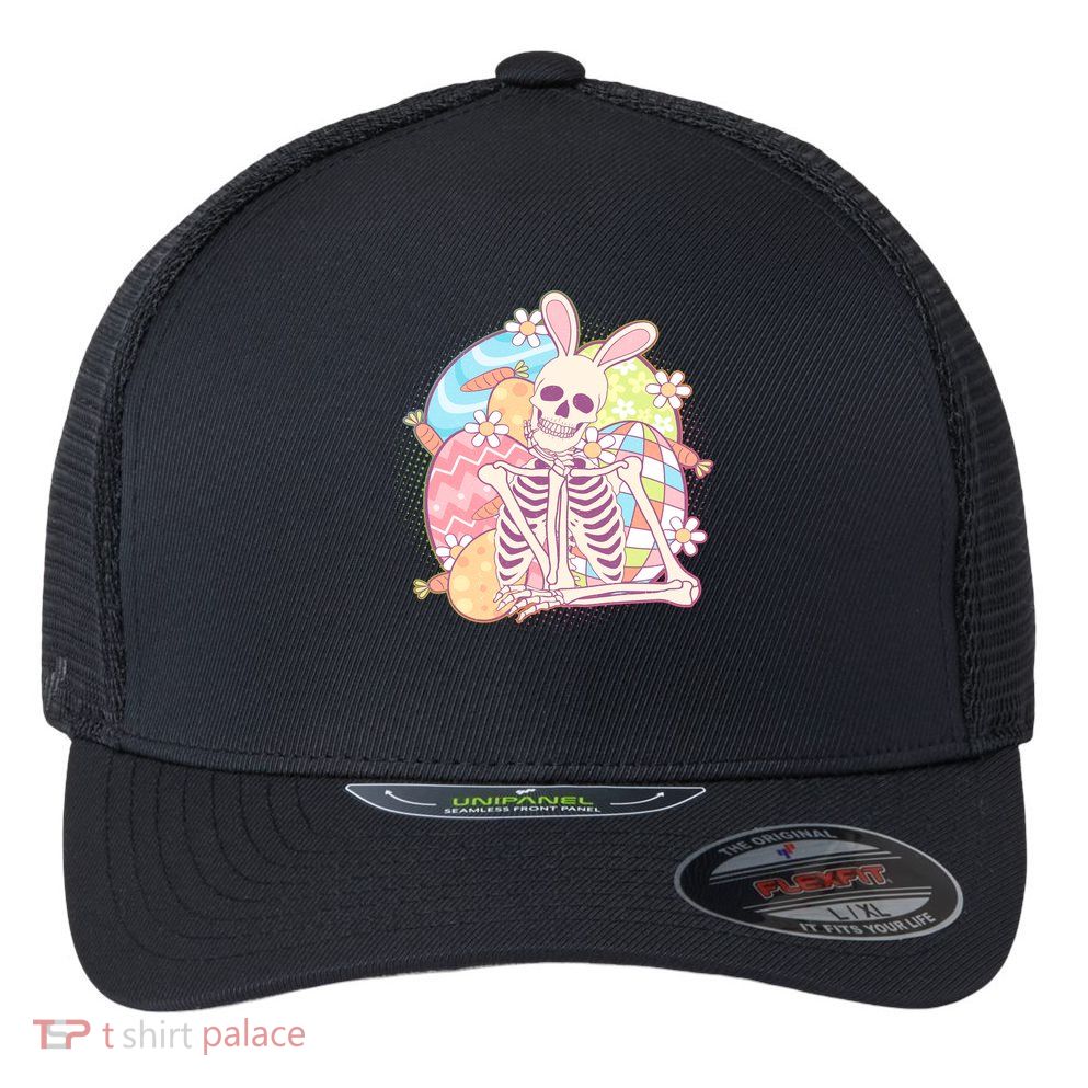Funny Cute Happy Easter Spooky Skeleton with Bunny Ears Flexfit Unipanel Trucker Cap