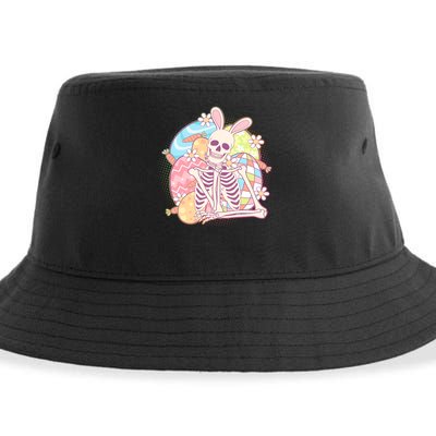 Funny Cute Happy Easter Spooky Skeleton with Bunny Ears Sustainable Bucket Hat