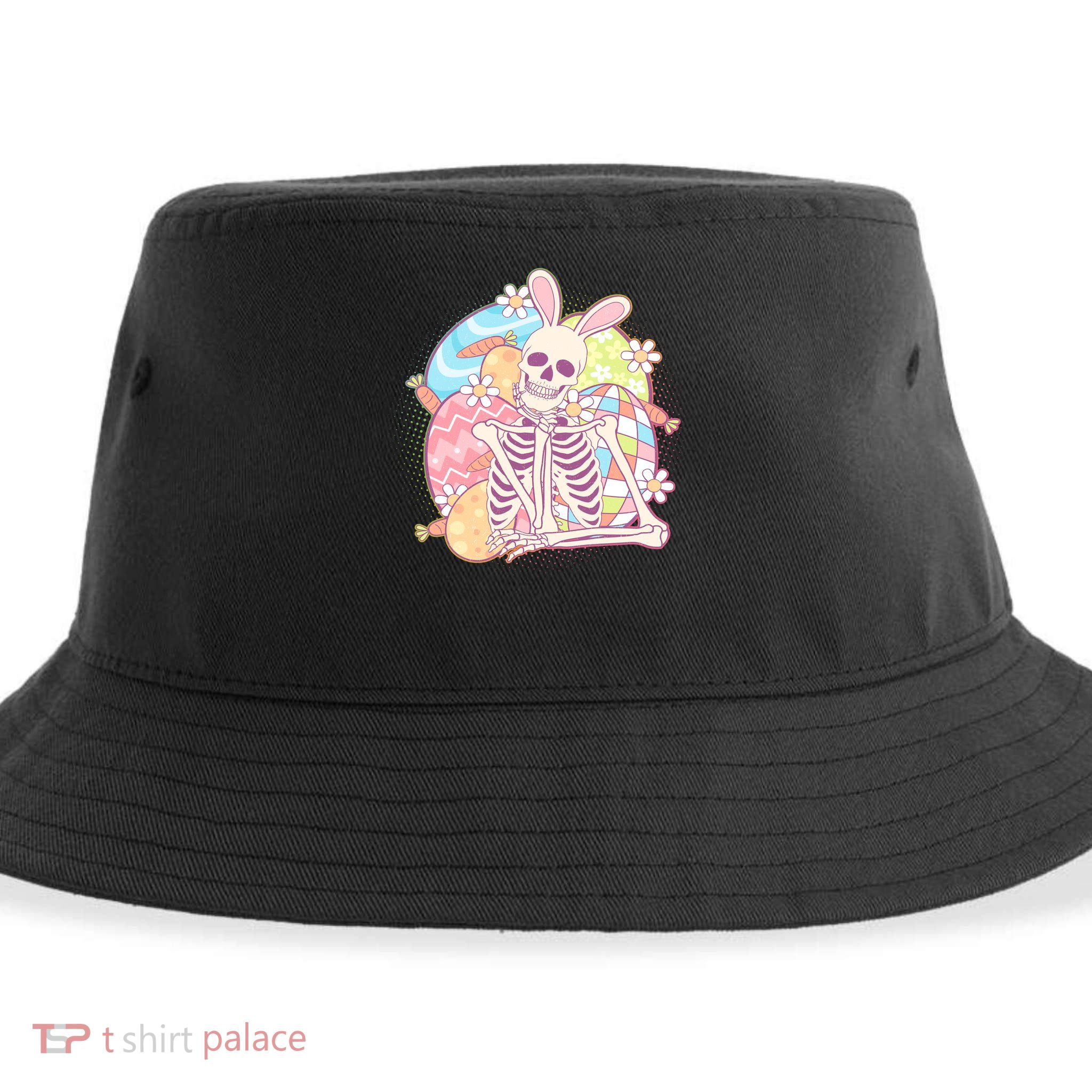 Funny Cute Happy Easter Spooky Skeleton with Bunny Ears Sustainable Bucket Hat