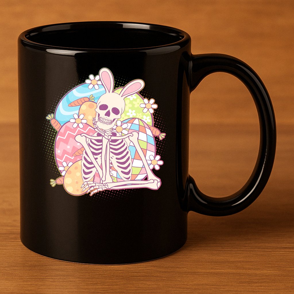 Funny Cute Happy Easter Spooky Skeleton with Bunny Ears 11oz C Handle Ceramic Mug