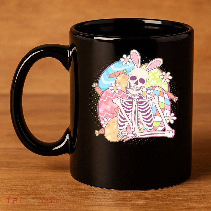 Funny Cute Happy Easter Spooky Skeleton with Bunny Ears 11oz C Handle Ceramic Mug