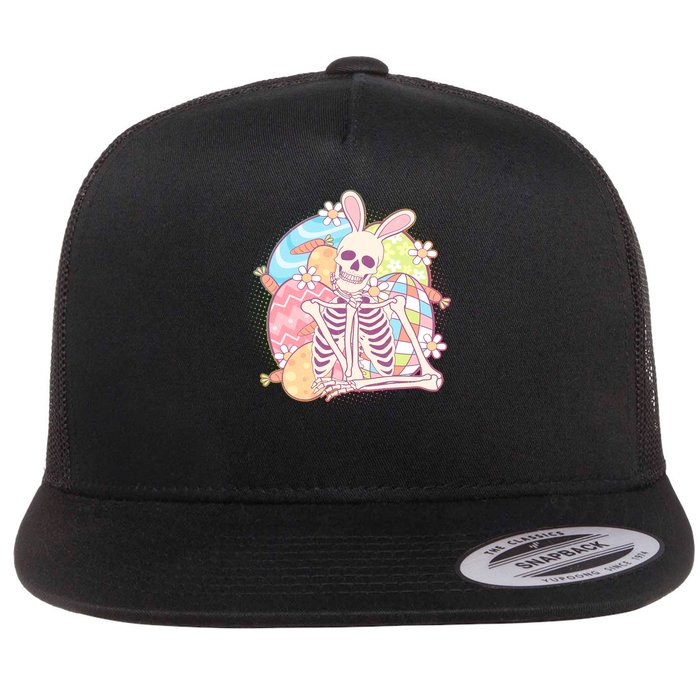 Funny Cute Happy Easter Spooky Skeleton with Bunny Ears Flat Bill Trucker Hat