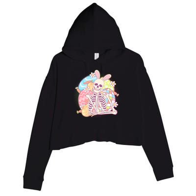 Funny Cute Happy Easter Spooky Skeleton with Bunny Ears Crop Fleece Hoodie