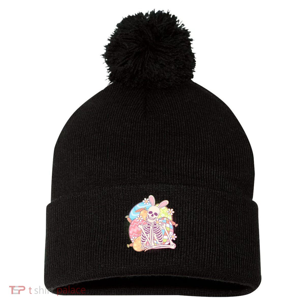 Funny Cute Happy Easter Spooky Skeleton with Bunny Ears Pom Pom 12in Knit Beanie