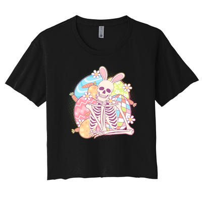 Funny Cute Happy Easter Spooky Skeleton with Bunny Ears Crop Top