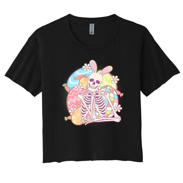 Funny Cute Happy Easter Spooky Skeleton with Bunny Ears Crop Top