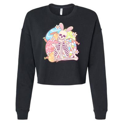Funny Cute Happy Easter Spooky Skeleton with Bunny Ears Cropped Pullover Crew