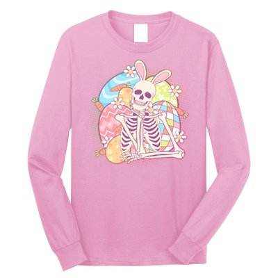 Funny Cute Happy Easter Spooky Skeleton with Bunny Ears Long Sleeve Shirt
