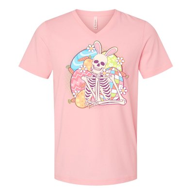 Funny Cute Happy Easter Spooky Skeleton with Bunny Ears V-Neck T-Shirt