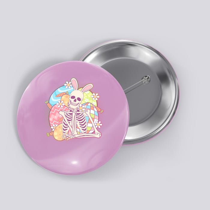 Funny Cute Happy Easter Spooky Skeleton with Bunny Ears Button