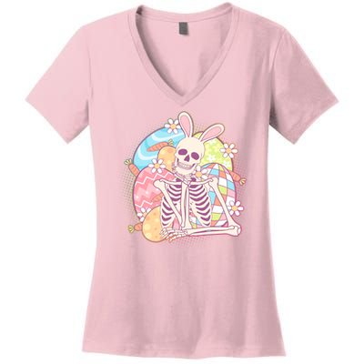 Funny Cute Happy Easter Spooky Skeleton with Bunny Ears Women's V-Neck T-Shirt
