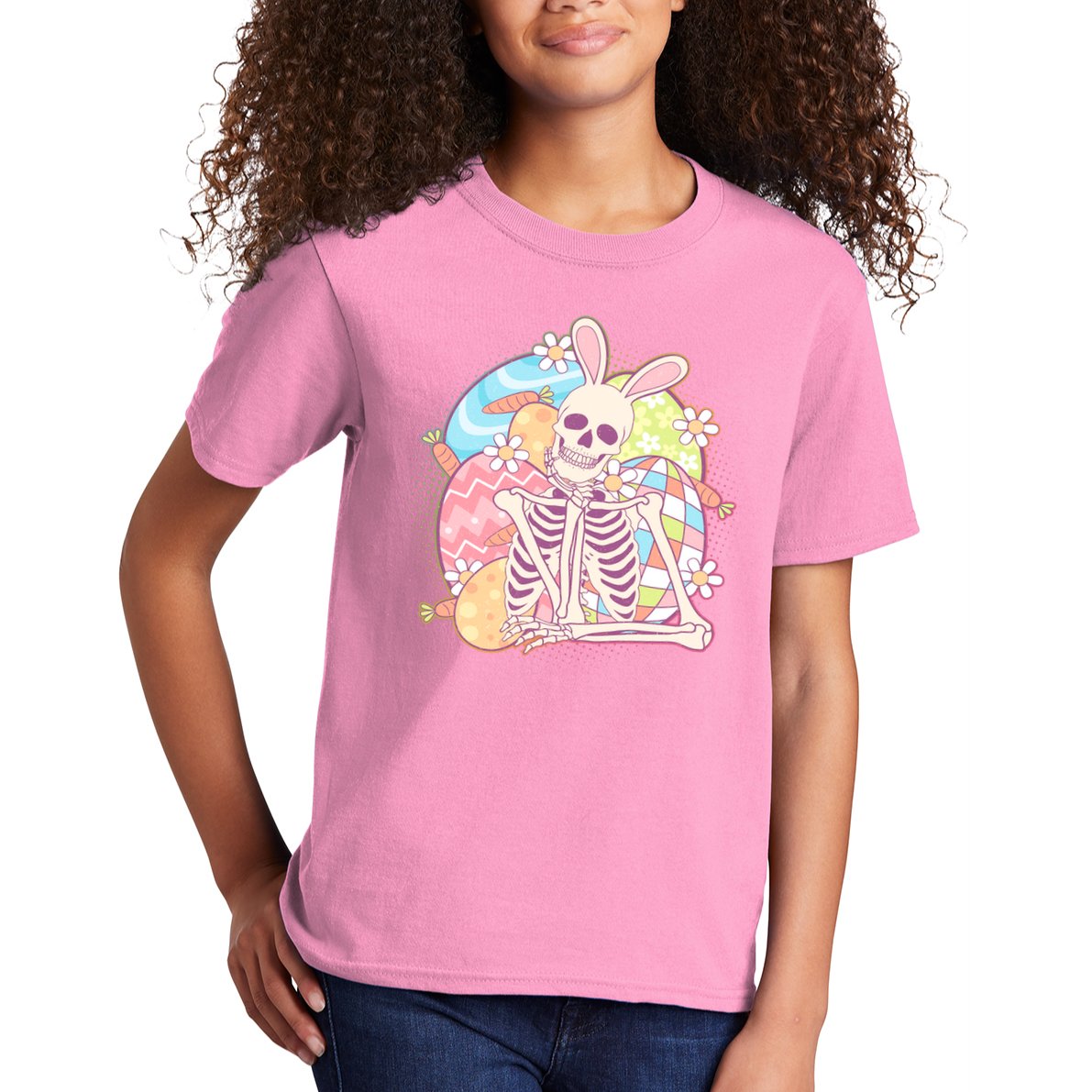 Funny Cute Happy Easter Spooky Skeleton with Bunny Ears Kids T-Shirt