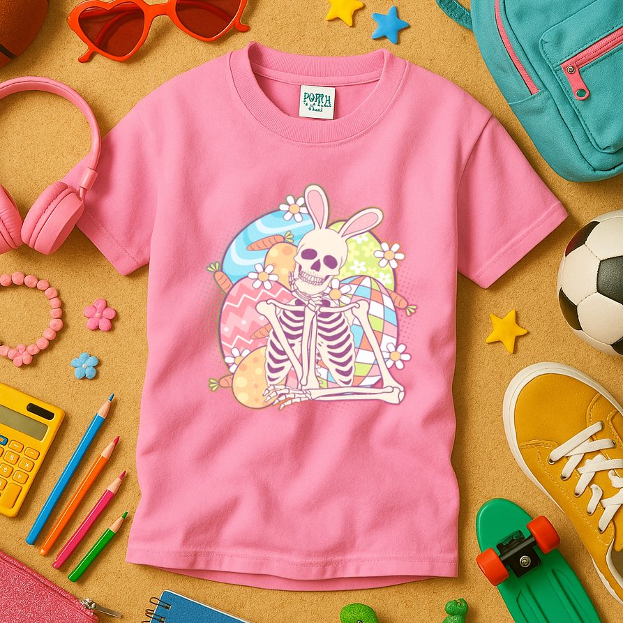 Funny Cute Happy Easter Spooky Skeleton with Bunny Ears Kids T-Shirt