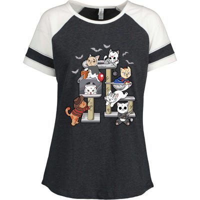 Funny Cat Horror Movies Cute Halloween Cat Lovers Matching Enza Ladies Jersey Colorblock Tee