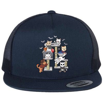 Funny Cat Horror Movies Cute Halloween Cat Lovers Matching Flat Bill Trucker Hat