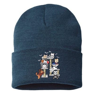 Funny Cat Horror Movies Cute Halloween Cat Lovers Matching Sustainable Knit Beanie