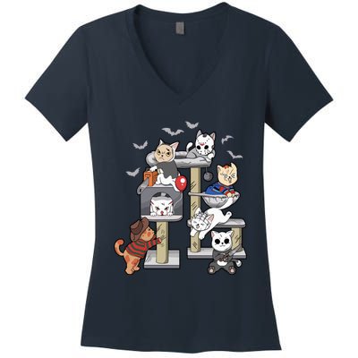 Funny Cat Horror Movies Cute Halloween Cat Lovers Matching Women's V-Neck T-Shirt